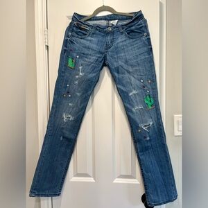 Straight-Leg Women’s Jeans with Cactus Embroidery - Blue